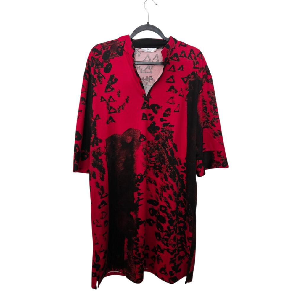 Natori Red Black Abstract Print Dress Tunic Lounger Size L Large with Pockets
